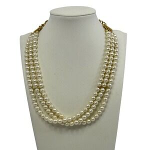 Triple Strand Faux Pearl Necklace Gold Tone Vintage Luxury Retro Y2K Coquette